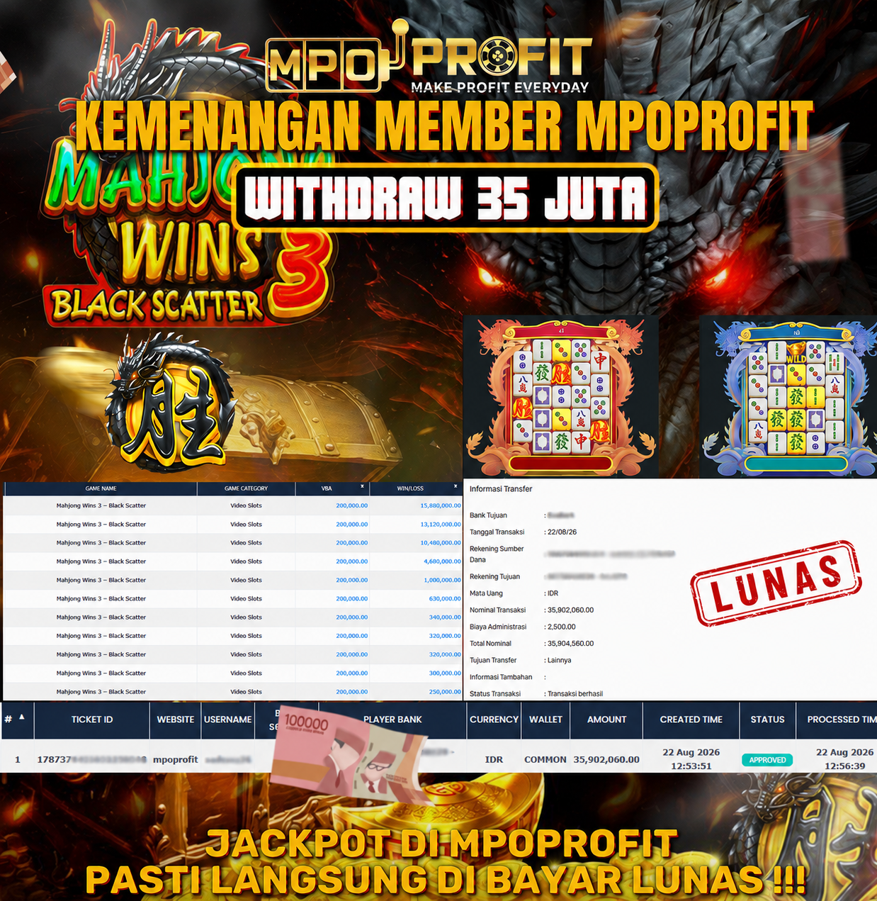 MPOPROFIT JACKPOT SLOT PRAGMATIC! KEMENANGAN MURNI DI (MAHJONG WINS 3 TOTAL RP 35.902.060,- LUNAS)